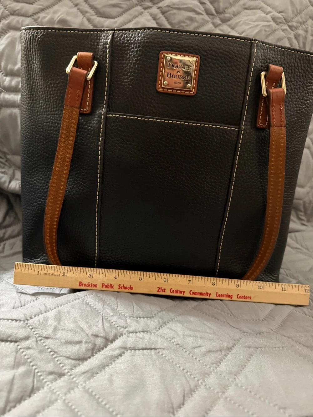 Dooney & Bourke Black Pebbled Leather Tote with Tan Straps